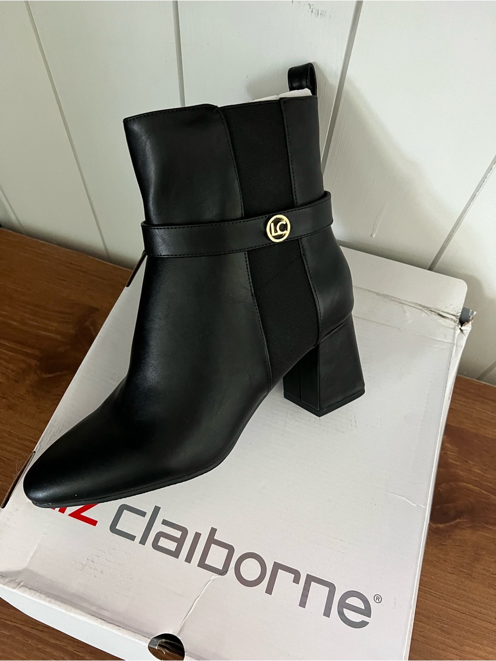 Liz Claiborne Mister Black Leather Pointed Ankle Boot with Gold Accent